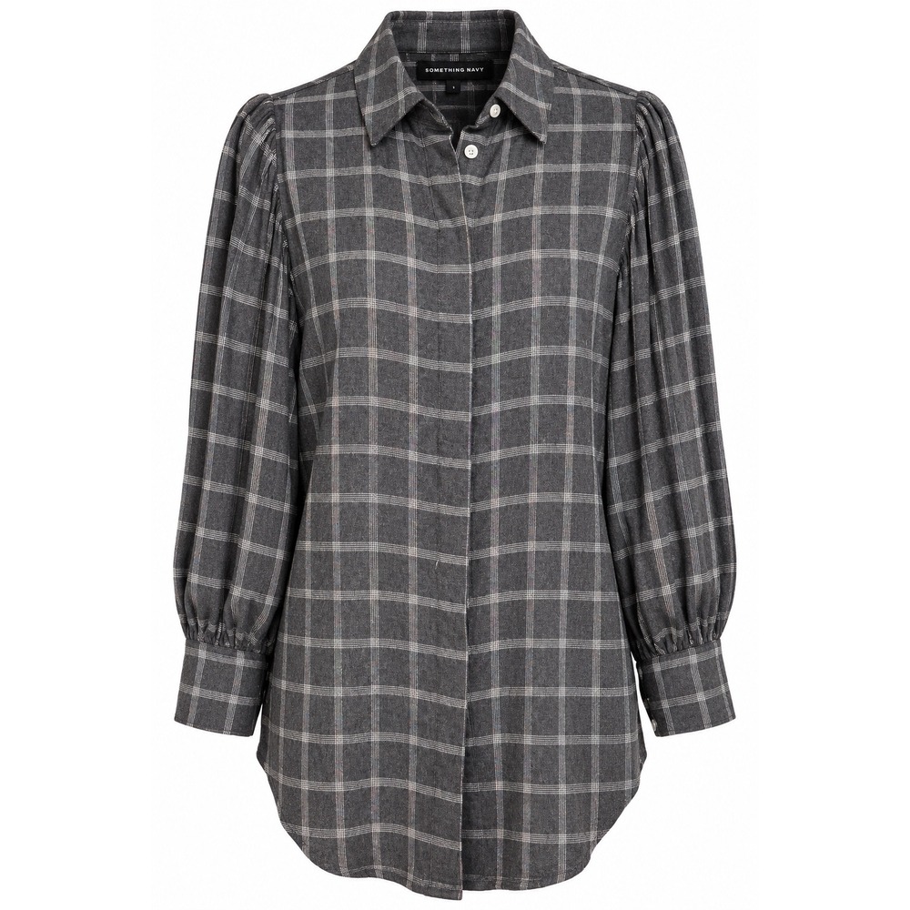 Something Navy Shirt S Gray Plaid Oversized Dark Academia Officecore Puff Sleeve